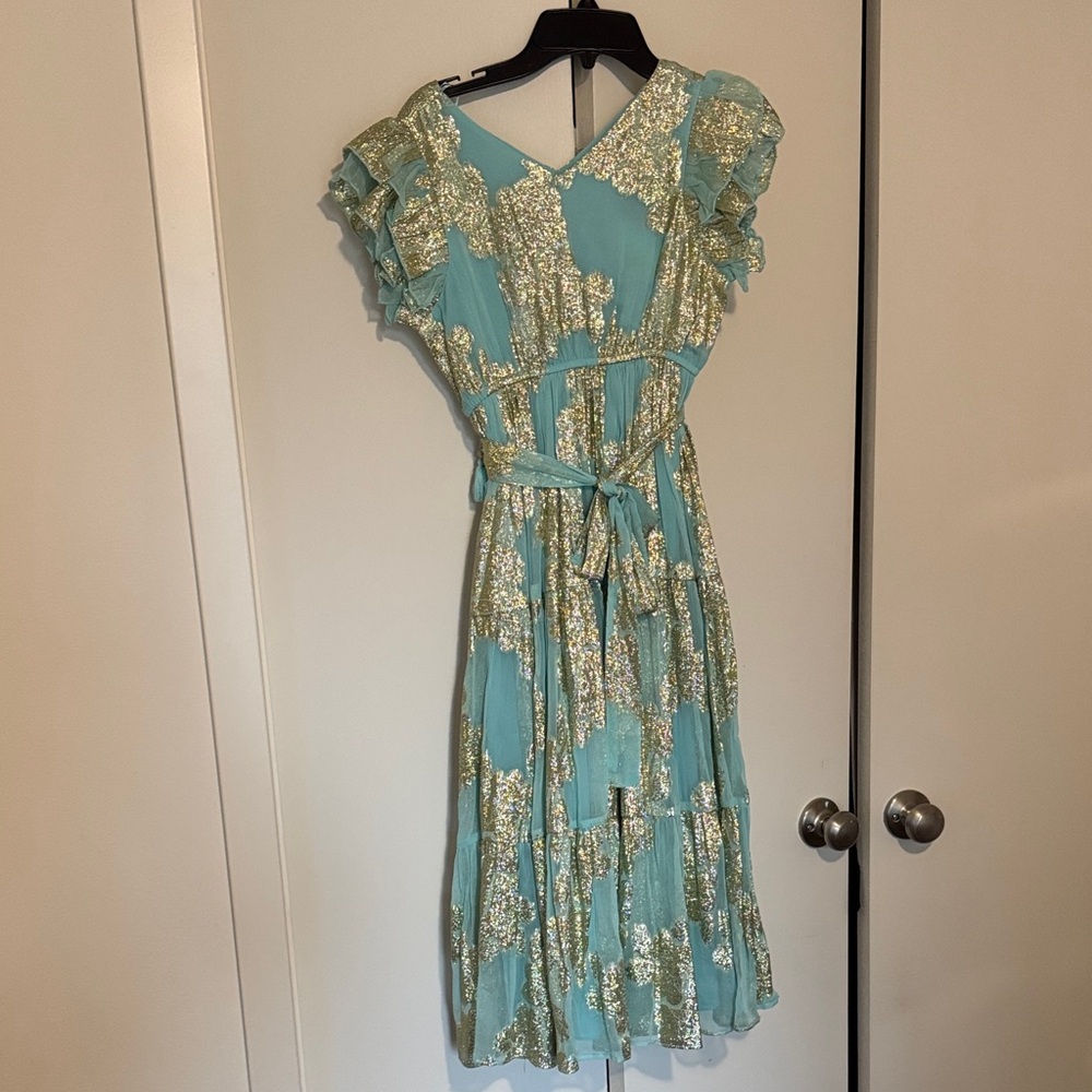 Aqua Metallic Floral Midi Dress with Tie Waist
